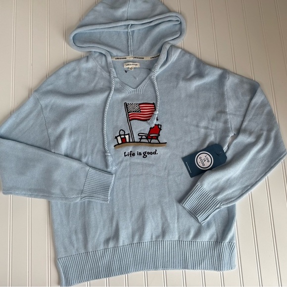 Life is Good Hooded Sweater Women Flag Beach Chair Large Blue NEW. 1158 - Picture 1 of 4